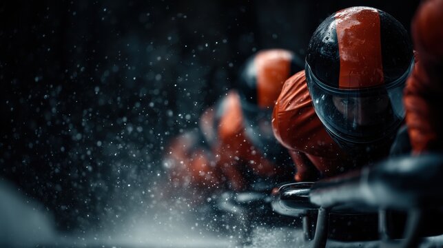 Bobsled team expertly launching from the start ramp amidst a flurry of snow and adrenaline