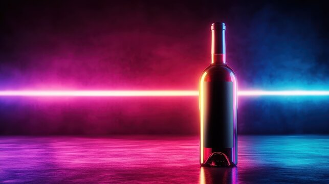 An artistic display of a wine bottle illuminated by vibrant neon lights, showcasing its elegance and creating a captivating visual experience with striking colors and reflections.