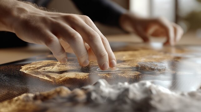 A person's hand interacts with a futuristic, sandy-textured digital display.