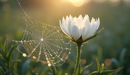 Delicate Spiderweb Covered in Dew Drops on a White Flower
