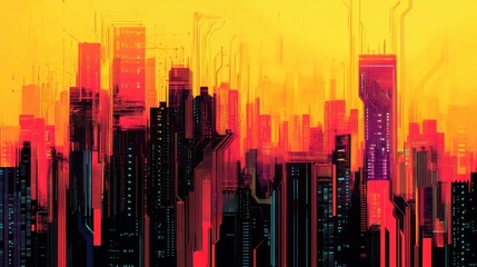 Futuristic city skyline in vibrant colors