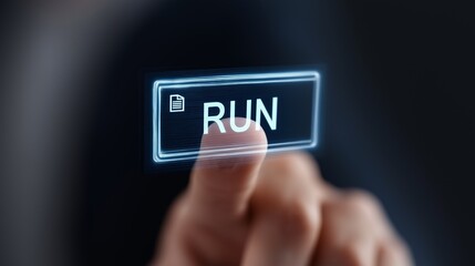 Finger about to press a glowing button that says RUN.