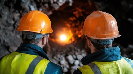 A dramatic scene showing two miners in helmets peering into a glowing mine, symbolizing exploration and the pursuit of hidden treasures beneath the earth's surface.