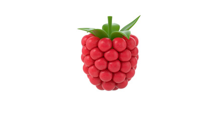 A vibrant, stylized raspberry with a glossy finish and green leaves, representing freshness and natural produce.