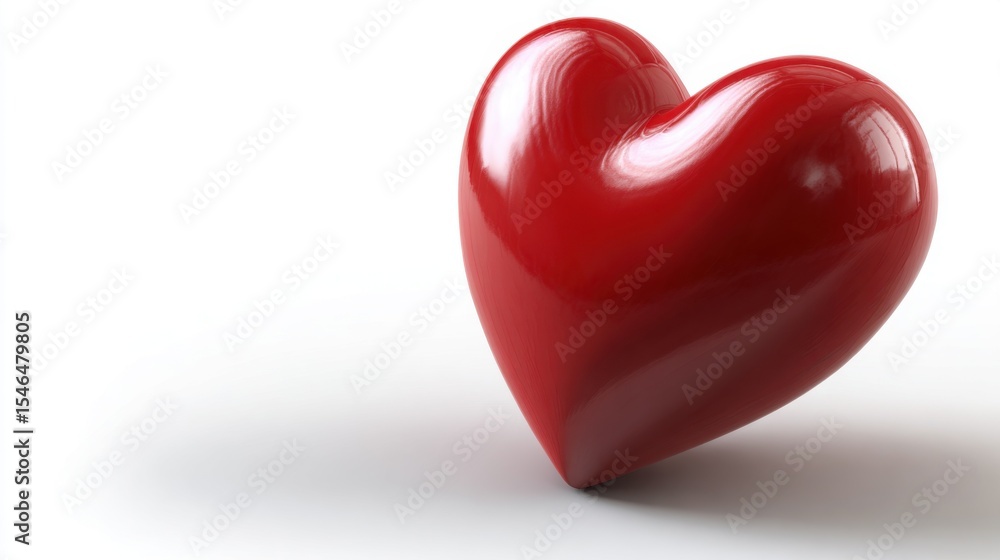 Poster glossy red heart with smooth reflective surface tilted on plain white background, casting soft shado