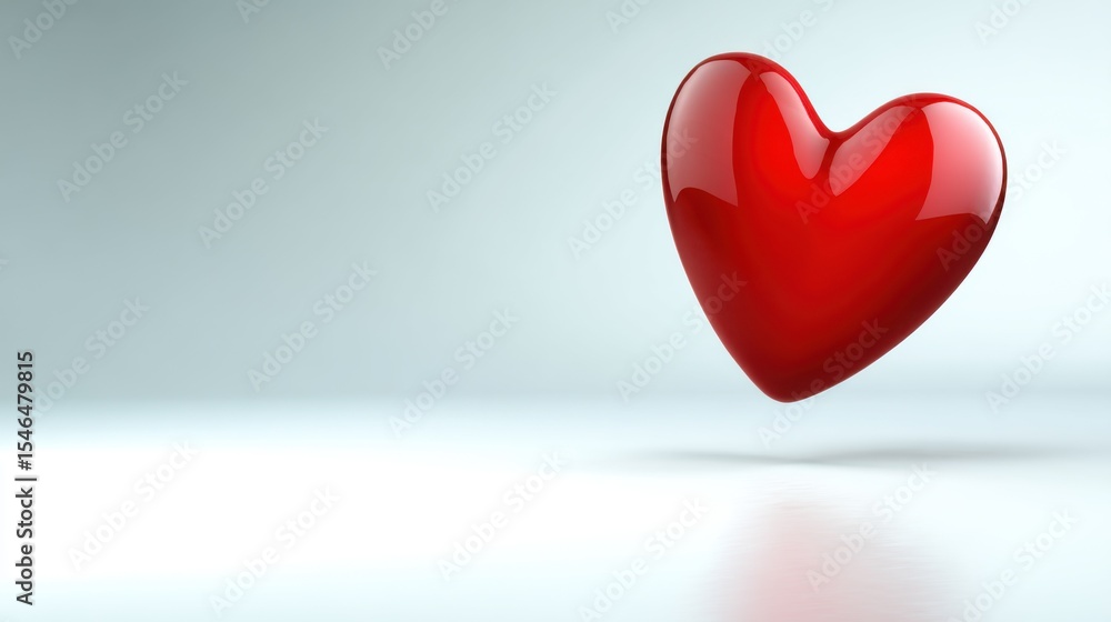 Poster glossy red heart floating prominently against smooth light-blue gradient background, casting subtle 