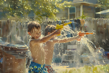 kids playing with water guns, backyard, bright summer light, fun mood