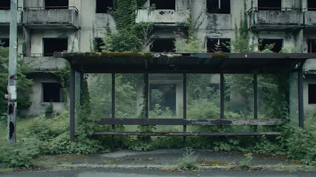 Abandoned bus stop overtaken by nature in a deplorable urban area