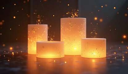 Glowing Cylindrical Lamps with Golden Sparkles on Dark Background

