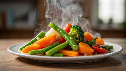 Vegetarian nutrition: a plate of steaming roasted vegetables, including broccoli, carrots, green beans and bell peppers, looks fresh and vibrant. AI generated.