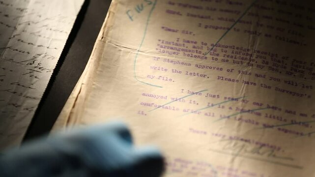 A person wearing blue protective gloves carefully turns pages of an ancient document, revealing old text. This archival work highlights historical preservation, meticulous research