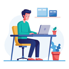 man sitting in chair at laptop computer at desk vector illustration