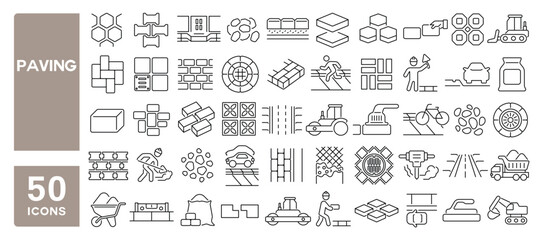 Set of 50 line icons related to paving, paver block, pavement, sidewalk, footpath, paver brick, Editable stroke. Vector illustration