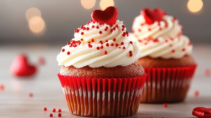 These beautifully decorated cupcakes feature a swirl of creamy frosting, vibrant red sprinkles, and lovely heart-shaped toppers, perfect for Valentine's Day celebrations.
