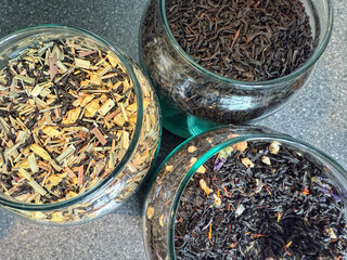 Assortment of herbal tea in glass jars. High quality photo
