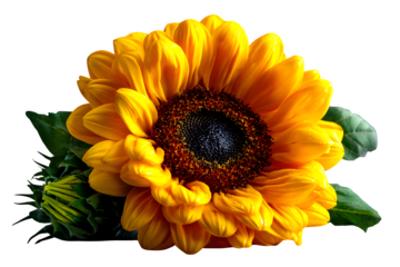 Vibrant sunflower with full yellow petals and brown center, close-up over white surface, isolated to transparent background