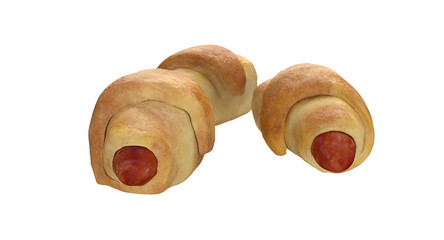 Two baked rolls with sausages peeking out, showcasing a delicious snack or appetizer.