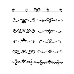 Obraz premium text dividers doodle set. Wedding decorative elements. Divider ornament, borders, floral, vintage line separators. Hand drawn vector illustration isolated on white background. Set page dividers. 