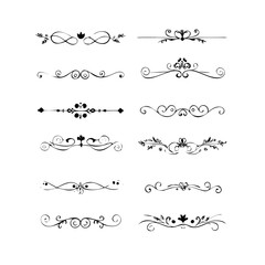 text dividers doodle set. Wedding decorative elements. Divider ornament, borders, floral, vintage line separators. Hand drawn vector illustration isolated on white background. Set page dividers.	