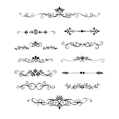 text dividers doodle set. Wedding decorative elements. Divider ornament, borders, floral, vintage line separators. Hand drawn vector illustration isolated on white background. Set page dividers.	