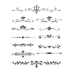 Obraz premium Text dividers doodle set. Wedding decorative elements with leaves, swirls, hearts. Divider ornament, borders, lines. Hand drawn vector illustration isolated on white background 