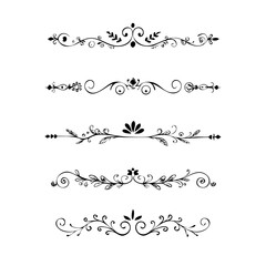 Text dividers doodle set. Wedding decorative elements with leaves, swirls, hearts. Divider ornament, borders, lines. Hand drawn vector illustration isolated on white background
