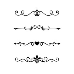 Text dividers doodle set. Wedding decorative elements with leaves, swirls, hearts. Divider ornament, borders, lines. Hand drawn vector illustration isolated on white background
