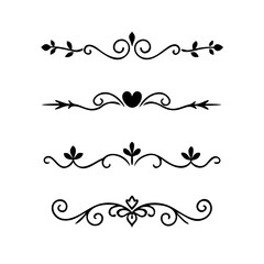 Text dividers doodle set. Wedding decorative elements with leaves, swirls, hearts. Divider ornament, borders, lines. Hand drawn vector illustration isolated on white background
