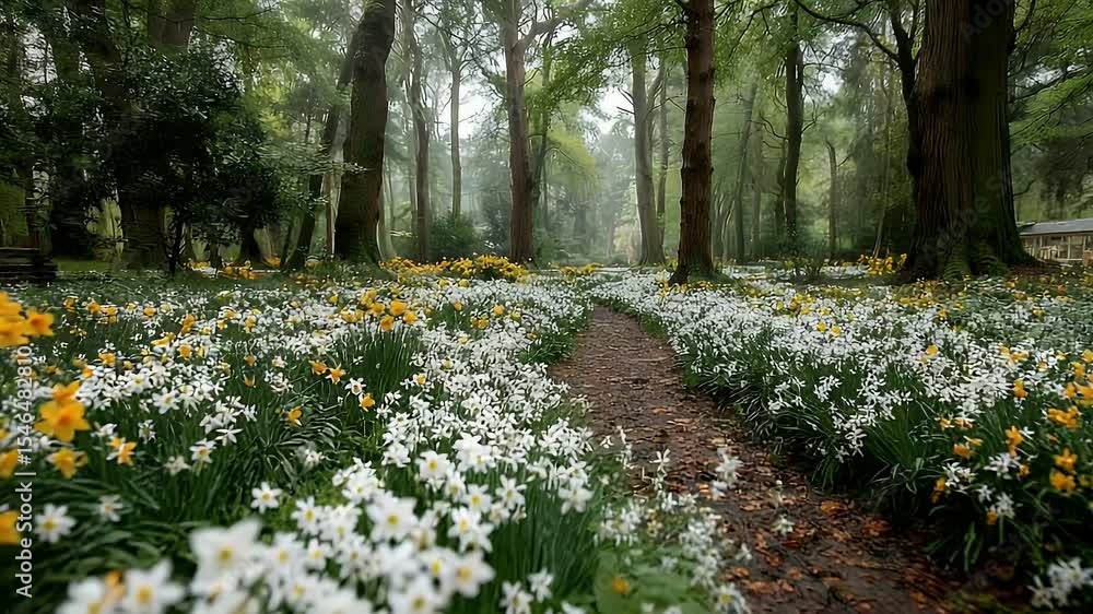 Poster serene forest path winding through daffodils and trees in misty sunlight