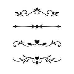 Text dividers doodle set. Wedding decorative elements with leaves, swirls, hearts. Divider ornament, borders, lines. Hand drawn vector illustration isolated on white background
