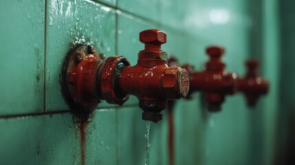 A close-up of a rusty red water tap, mounted on a green tiled wall, shows water actively dripping down, highlighting the contrast between colors and the age of the fixture.