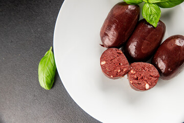Black pudding sausage fresh delicious gourmet food background on the table rustic food top view copy space