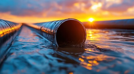A pipe partially submerged in water reflects the stunning colors of a sunset, showcasing an interesting interplay between human-made structures and natural beauty.