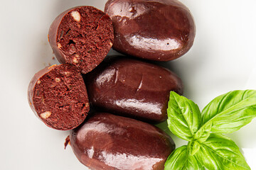 Black pudding sausage fresh delicious gourmet food background on the table rustic food top view copy space