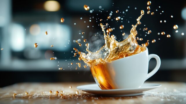 A white coffee cup splashes coffee dramatically across a wooden surface, capturing the energy and spontaneity of a moment that represents both pleasure and chaos.