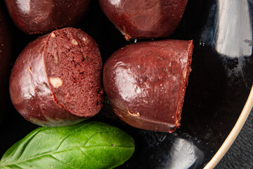 Black pudding sausage fresh delicious gourmet food background on the table rustic food top view copy space