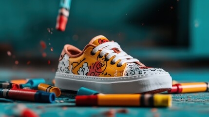 An artistic shot of colorful sneakers surrounded by scattered crayons creates a playful vibe, showcasing creativity, youth, and vibrant style in an expressive setting.