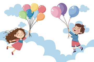 Cute boy and girl holding balloons in hand and Flying in the sky.