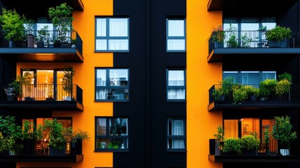 Vibrant apartment building with colorful orange and black exterior, showcasing balconies adorned with lush greenery, creating a lively and inviting atmosphere for residents and their pets.