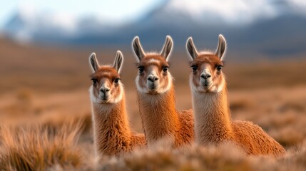 Obraz premium Three curious llamas gaze at the camera with picturesque nature in the background, embodying the charm and curiosity of these gentle creatures in their natural habitat.