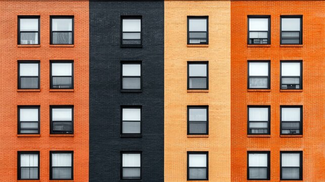 A vibrant and modern architectural facade featuring contrasting colors of orange, black, and yellow with symmetrical window placements, showcasing urban design and contemporary living aesthetics.