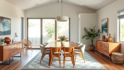 Fototapeta premium Dining room interior with wooden table chairs and sideboard cabinets