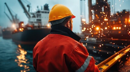 A determined man oversees industrial operations, wearing a hard hat while sparks fly around him as ships are seen in the background, reflecting resilience and hard work.