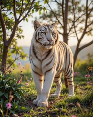 Majestic White Tiger Walking Through Lush Green Landscape in Nature