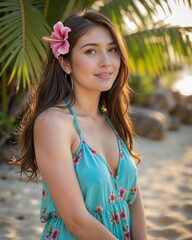 Serene Young Woman Posing in Tropical Setting with Flower Accent