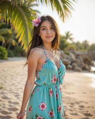 Young Woman in Floral Dress Smiling at Beach During Sunset Glow