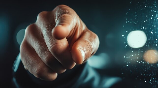 A close-up of a hand pointing dramatically towards the viewer, against a blurred background, symbolizes focus, intention, and a call to action in a moody atmosphere.