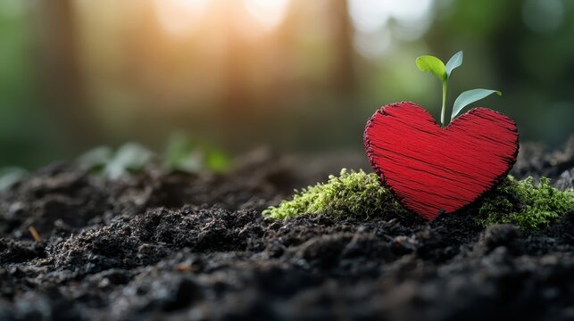 A heart-shaped wooden design cradling a small plant symbolizes love for nature and new beginnings, emphasizing the connection between humanity and the environment.