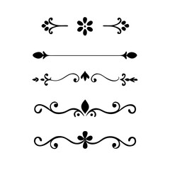 Text dividers doodle set. Wedding decorative elements with leaves, swirls, hearts. Divider ornament, borders, lines. Hand drawn vector illustration isolated on white background
