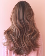 Fototapeta premium Wavy Brown Hair Cascading Down Back in Pink Sweater